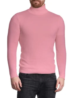 Men's Solid Pink Pullover Cotton Blend Turtleneck Sweater
