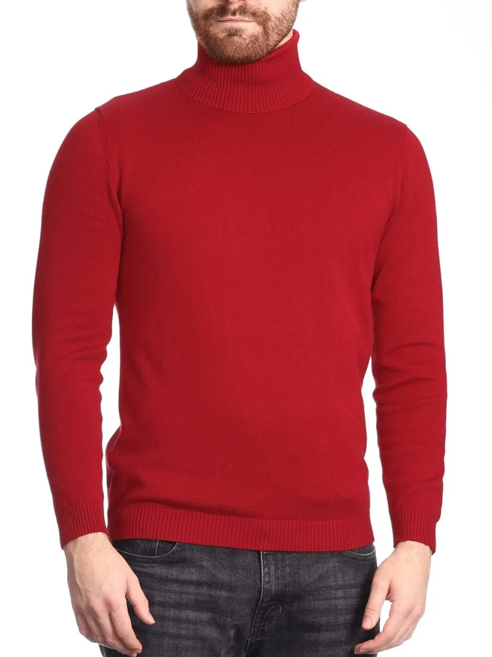 Men's Solid Red Pullover Cotton Blend Turtleneck Sweater