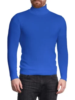 Men's Solid Royal Blue Pullover Cotton Blend Turtleneck Sweater