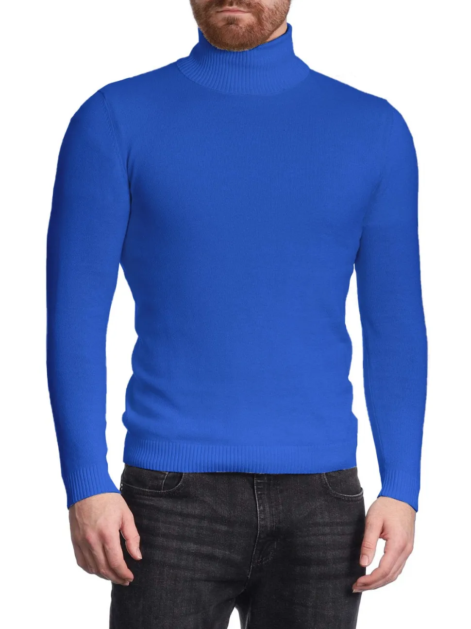 Men's Solid Royal Blue Pullover Cotton Blend Turtleneck Sweater