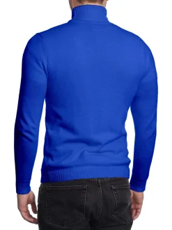 Men's Solid Royal Blue Pullover Cotton Blend Turtleneck Sweater
