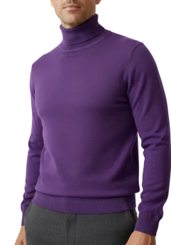 Mens Solid Royal Purple Pullover Cotton Blend Turtleneck Sweater