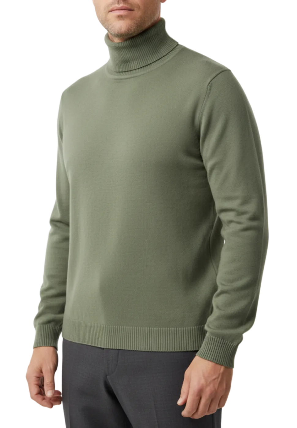 Men's Solid Sage Green Pullover Cotton Blend Turtleneck Sweater