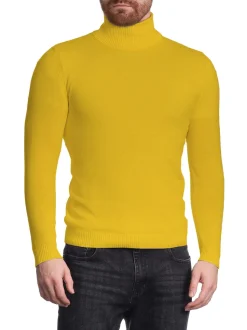 Men's Solid Yellow Pullover Cotton Blend Turtleneck Sweater