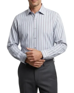 Mens Stripe Gray and Burgundy Contemporary Fit Cotton Blend Stretch Spread Collar Dress Shirt