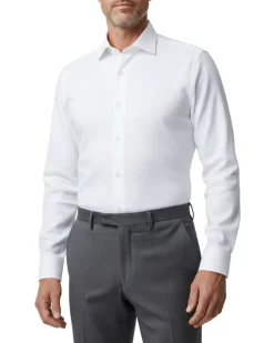 Mens White Waffle Weave Texture Contemporary Fit Cotton Blend Stretch Spread Collar Dress Shirt