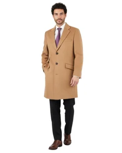 Men's Wool Cashmere Single Breasted Camel Tan 3/4 Length Car Coat Top Coat