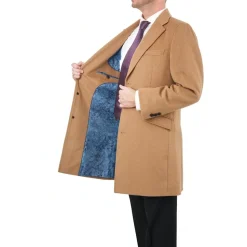 Men's Wool Cashmere Single Breasted Camel Tan 3/4 Length Car Coat Top Coat