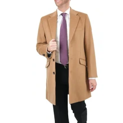 Men's Wool Cashmere Single Breasted Camel Tan 3/4 Length Car Coat Top Coat