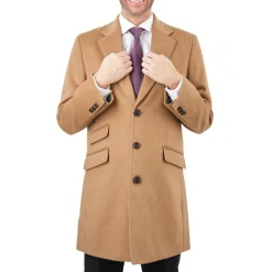 Men's Wool Cashmere Single Breasted Camel Tan 3/4 Length Car Coat Top Coat
