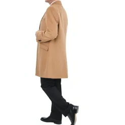 Men's Wool Cashmere Single Breasted Camel Tan 3/4 Length Car Coat Top Coat