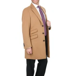 Men's Wool Cashmere Single Breasted Camel Tan 3/4 Length Car Coat Top Coat