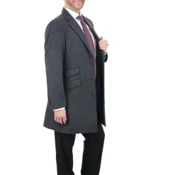 Men's Wool Cashmere Single Breasted Charcoal 3/4 Length Car Coat Top Coat