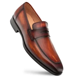 Mezlan Avenue Calfskin Cognac Rust Rubber Sole Penny Loafers