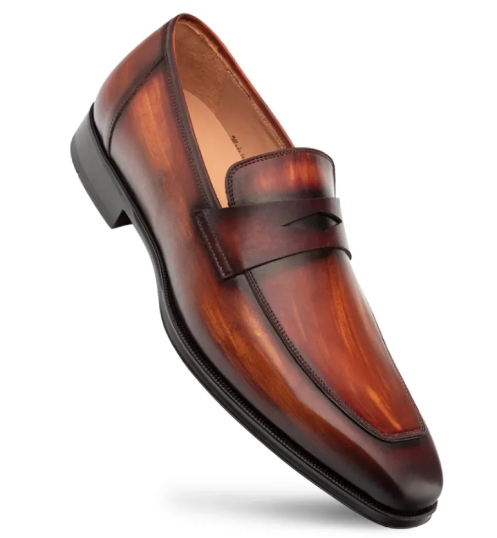 Mezlan Avenue Calfskin Cognac Rust Rubber Sole Penny Loafers