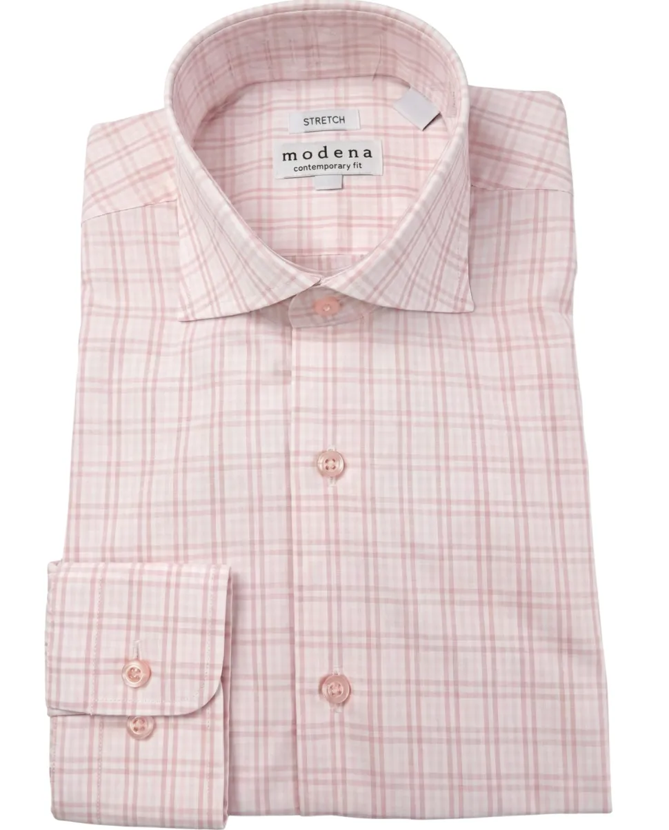 Modena Windowpane Pink & White Contemporary Fit Spread Collar Cotton Blend Stretch Dress Shirt