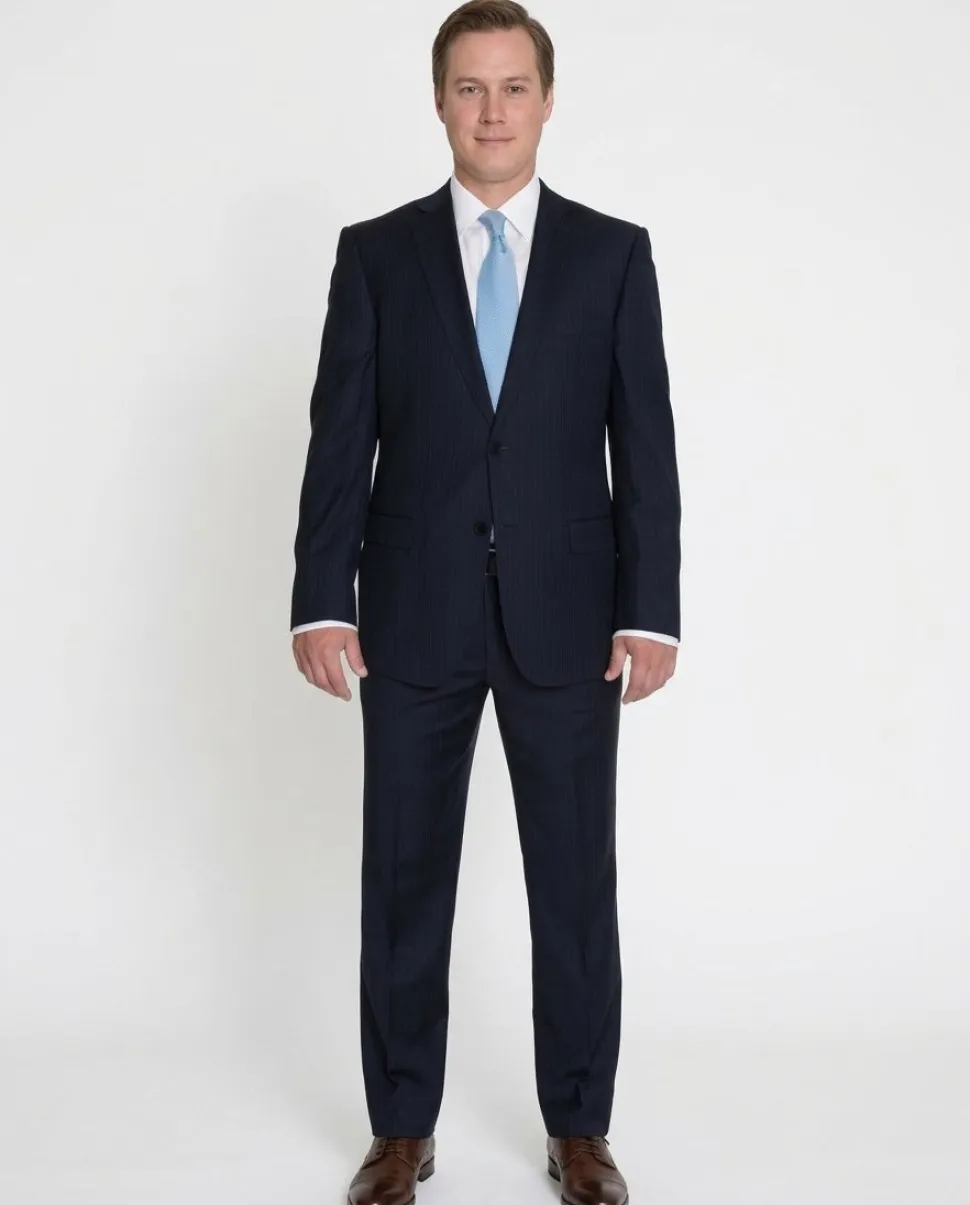 Modern Fit Navy Blue Pinstriped Two Button Wool Suit
