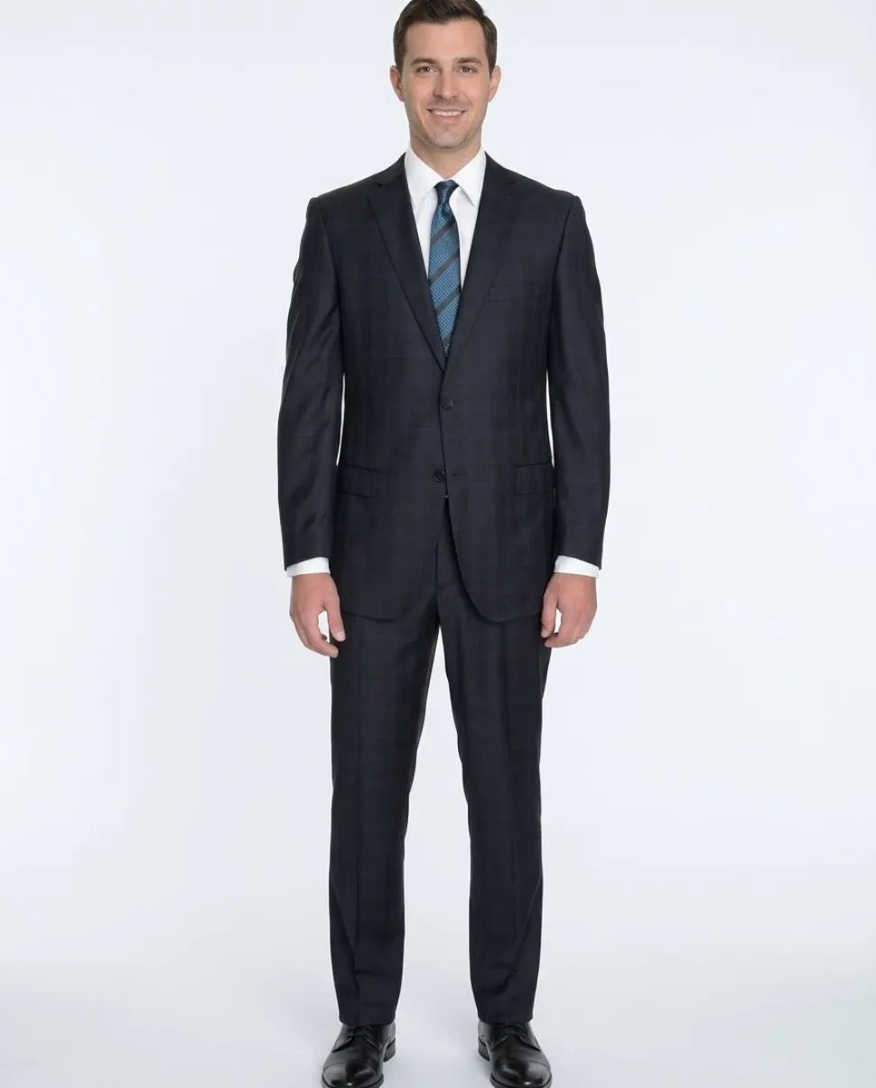 Modern Fit Navy Blue Plaid Two Button Wool Suit