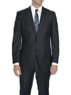 Modern Fit Navy Blue Plaid Two Button Wool Suit
