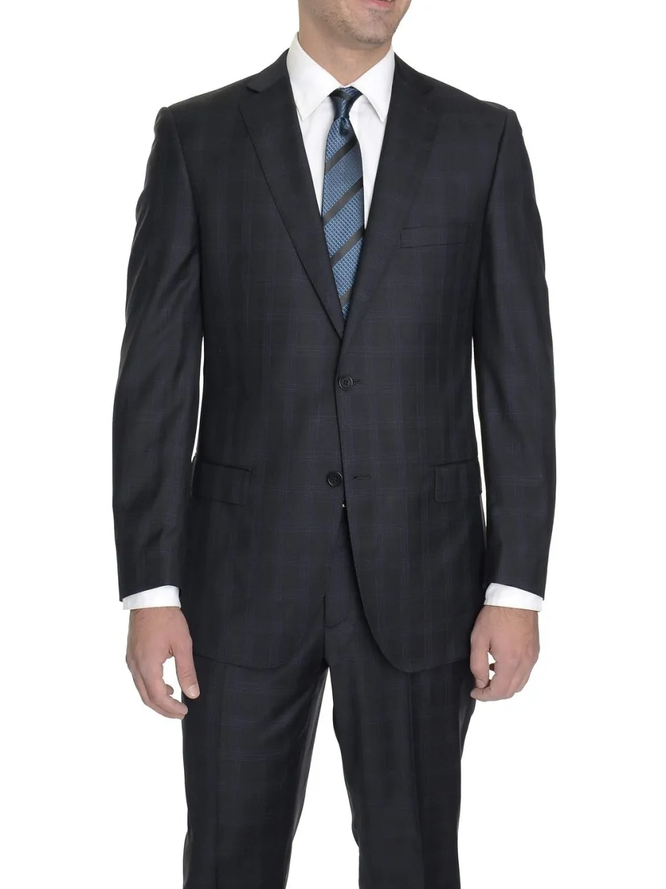 Modern Fit Navy Blue Plaid Two Button Wool Suit