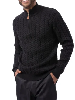 Montique Black Chevron Cable Regular Fit Quarter Zip Cotton Knit Sweater