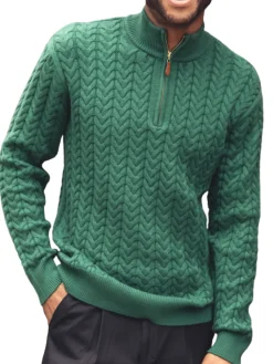 Montique Emerald Green Chevron Cable Regular Fit Quarter Zip Cotton Knit Sweater