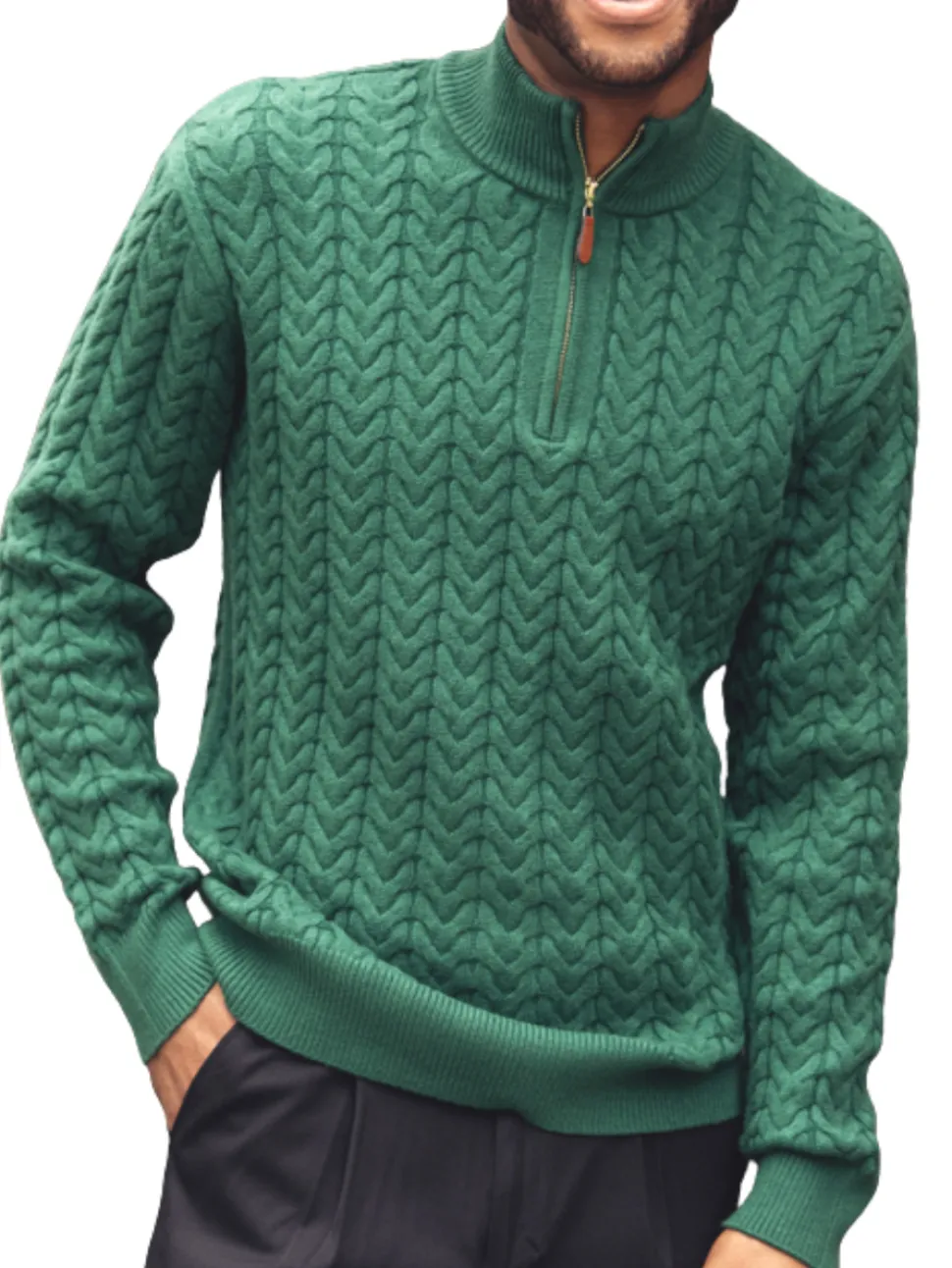 Montique Emerald Green Chevron Cable Regular Fit Quarter Zip Cotton Knit Sweater