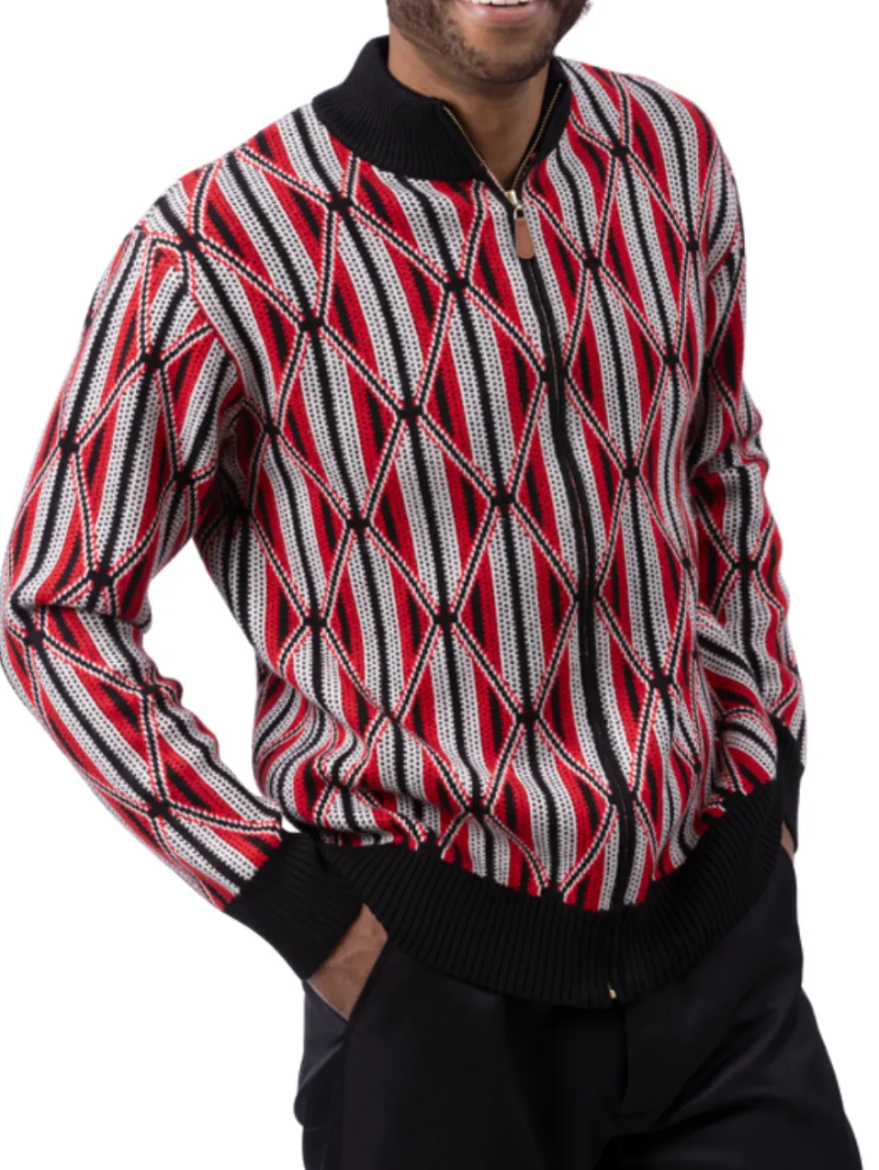 Montique Geometric Diamond Black Ivory Red Regular Fit Full Zip Cotton Knit Sweater