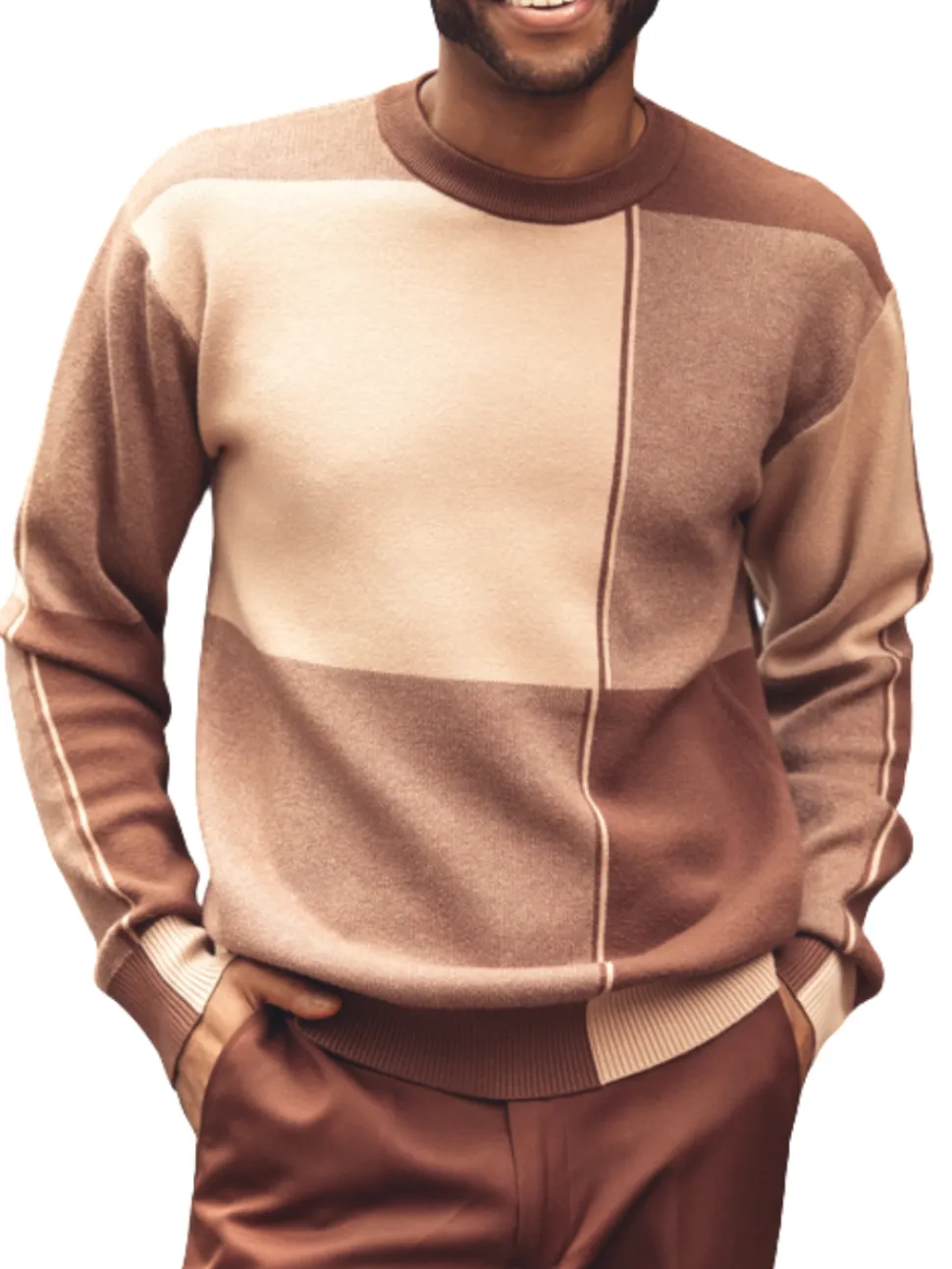 Montique Mens Colorblock Brown Beige Regular Fit Crewneck Cotton Knit Sweater