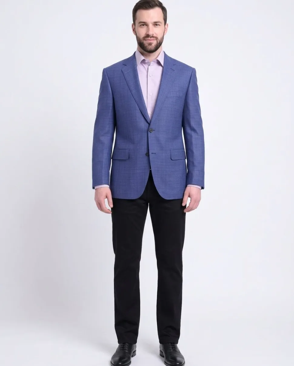 Napoli Classic Fit Blue Stepweave Half Canvas Wool Blazer Coat