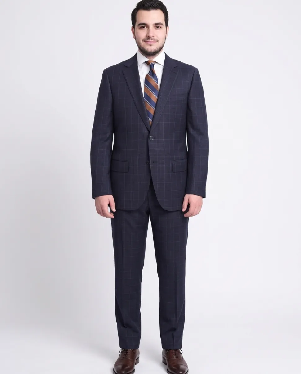 Napoli Classic Fit Blue Windowpane Plaid Half Canvassed Super 150s Wool Suit