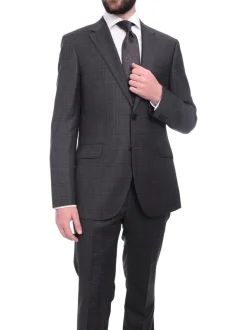 Napoli Classic Fit Charcoal Gray Plaid Half Canvassed Super 150s Wool Suit