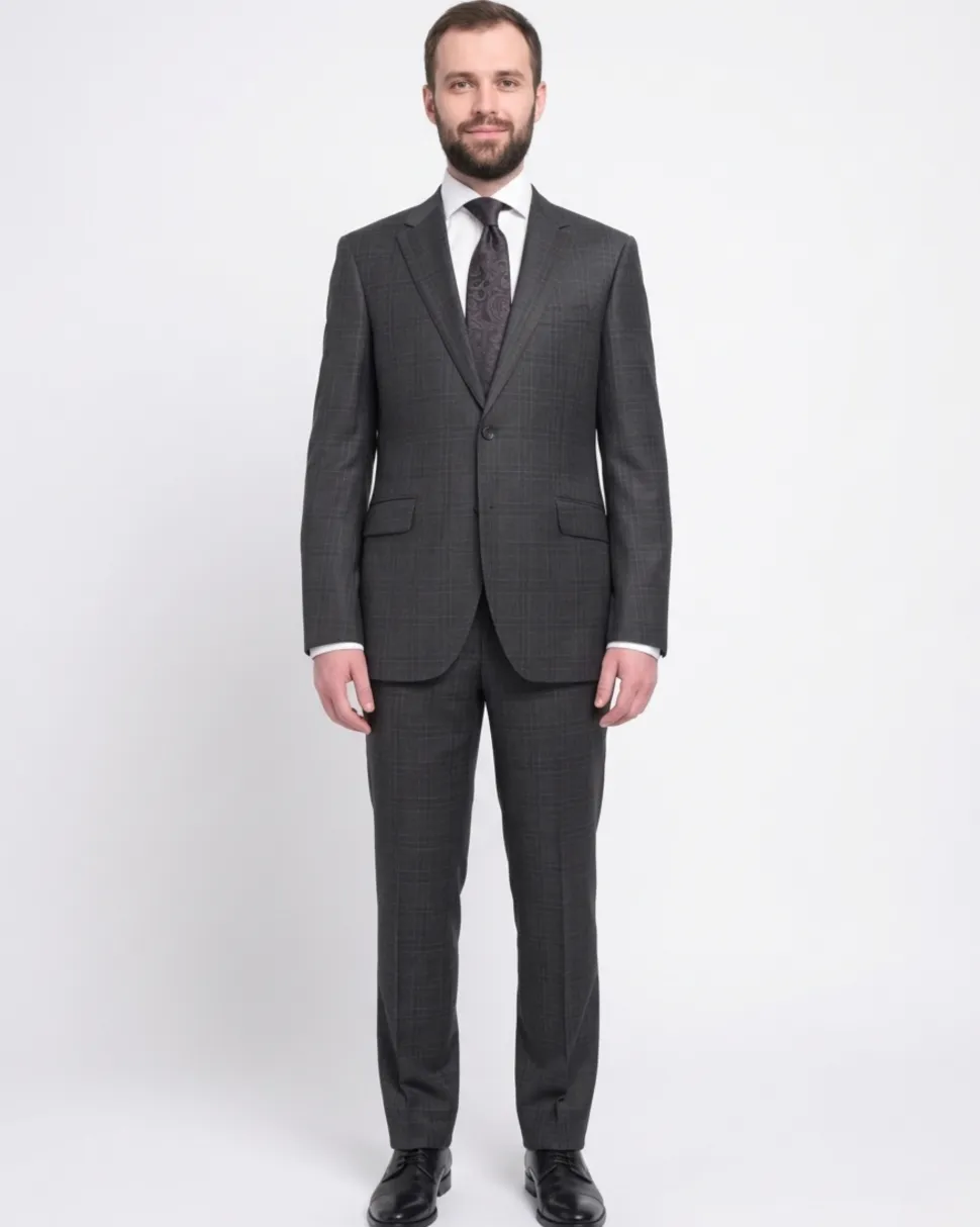 Napoli Classic Fit Charcoal Gray Plaid Half Canvassed Super 150s Wool Suit
