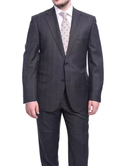 Napoli Classic Fit Gray Windowpane Plaid Half Canvassed Reda Wool Suit