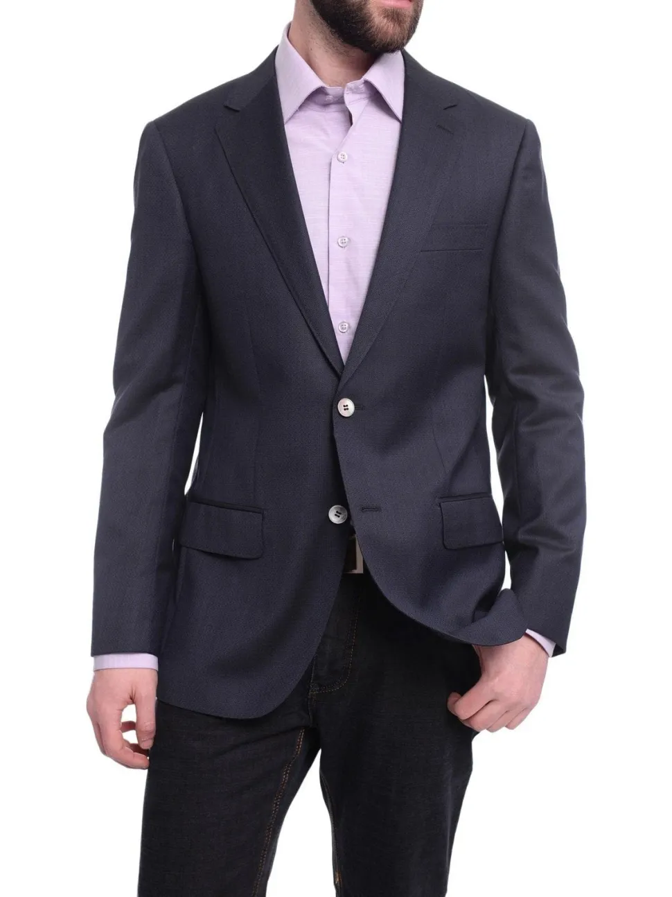 Napoli Classic Fit Navy Blue Basket Weave Half Canvassed Reda Wool Blazer