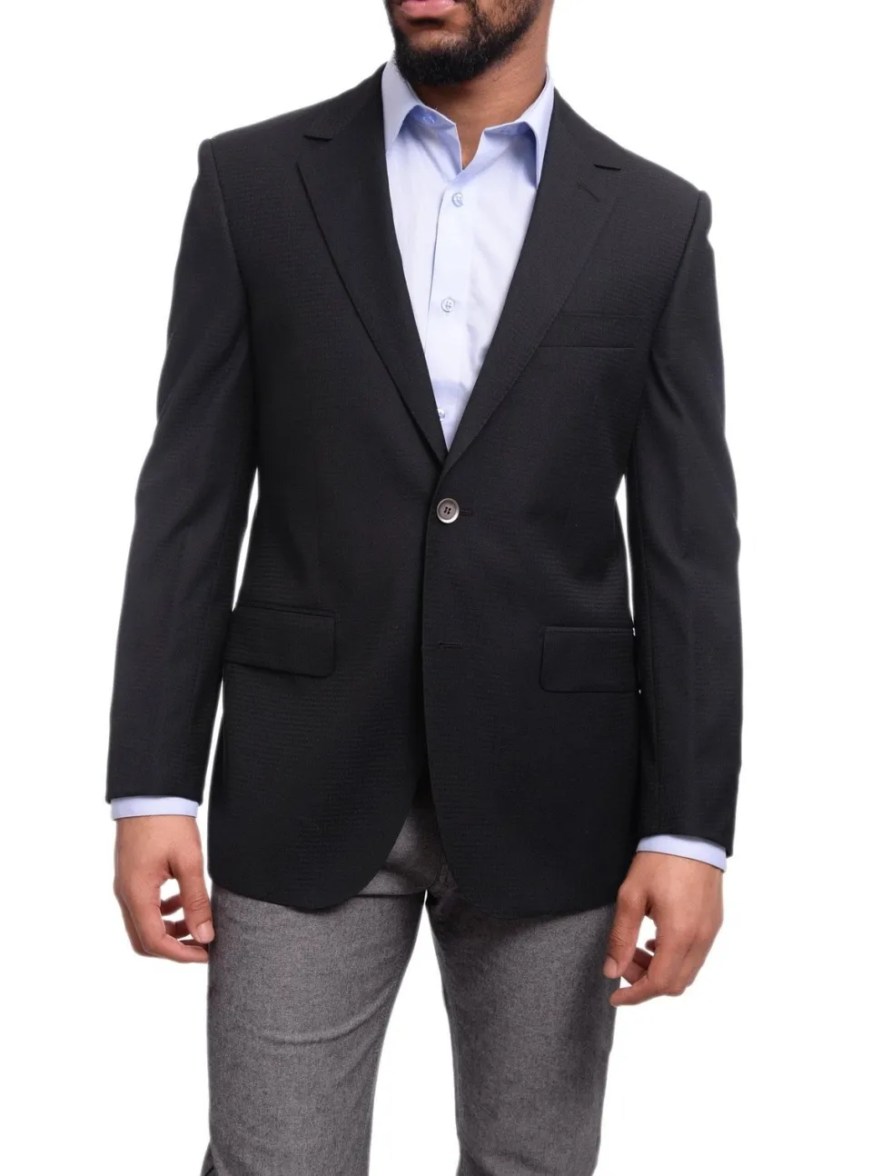 Napoli Classic Fit Navy Blue Tonal Houndstooth Half Canvassed Wool Silk Blazer