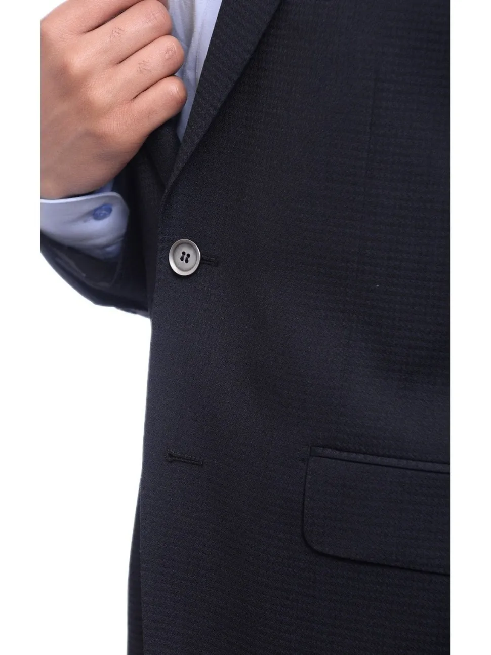 Napoli Classic Fit Navy Blue Tonal Houndstooth Half Canvassed Wool Silk Blazer