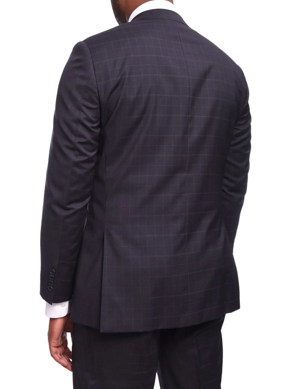 Napoli Classic Fit Navy Windowpane Plaid Half Canvassed Guabello Wool Suit