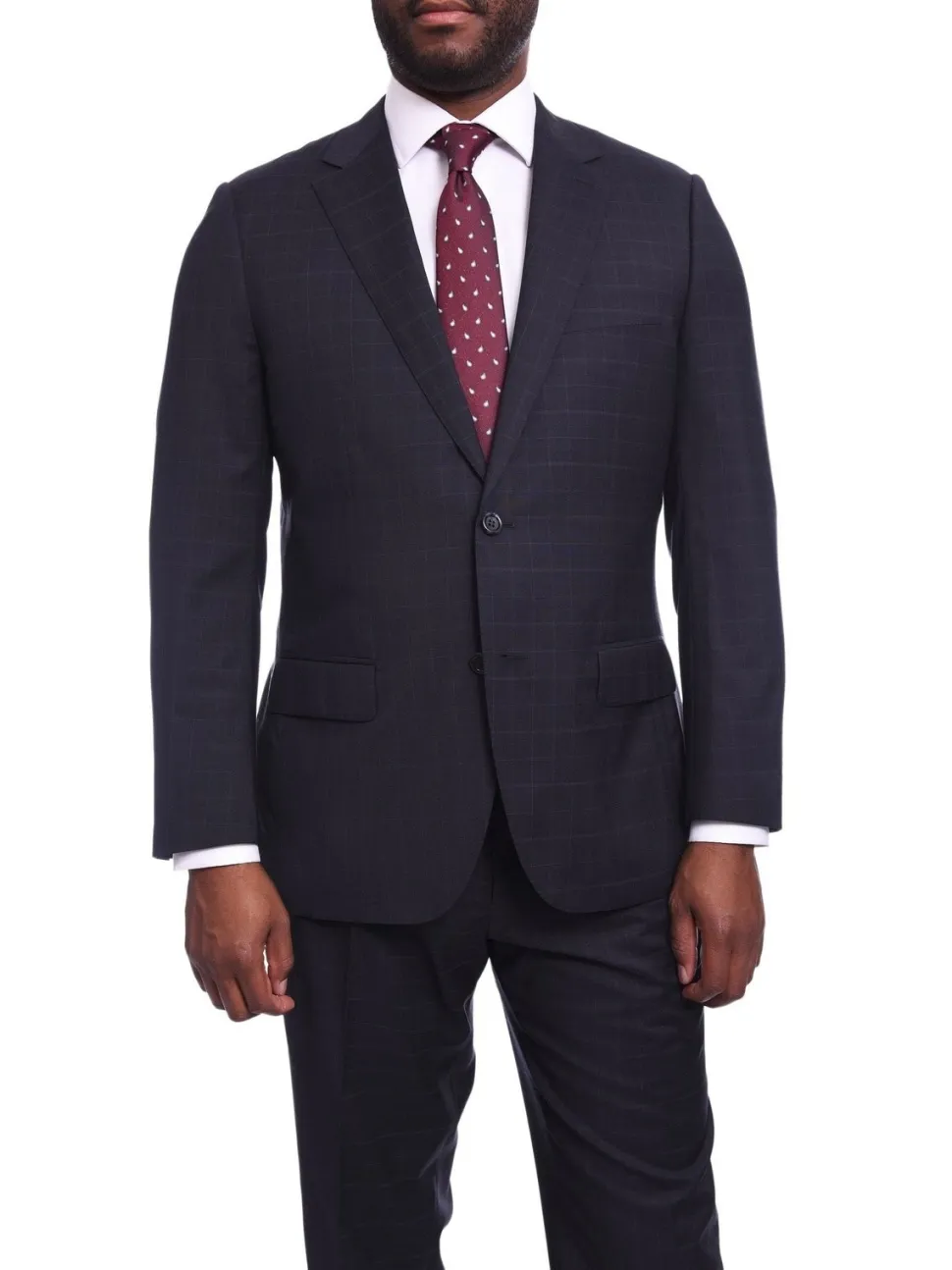 Napoli Classic Fit Navy Windowpane Plaid Half Canvassed Guabello Wool Suit