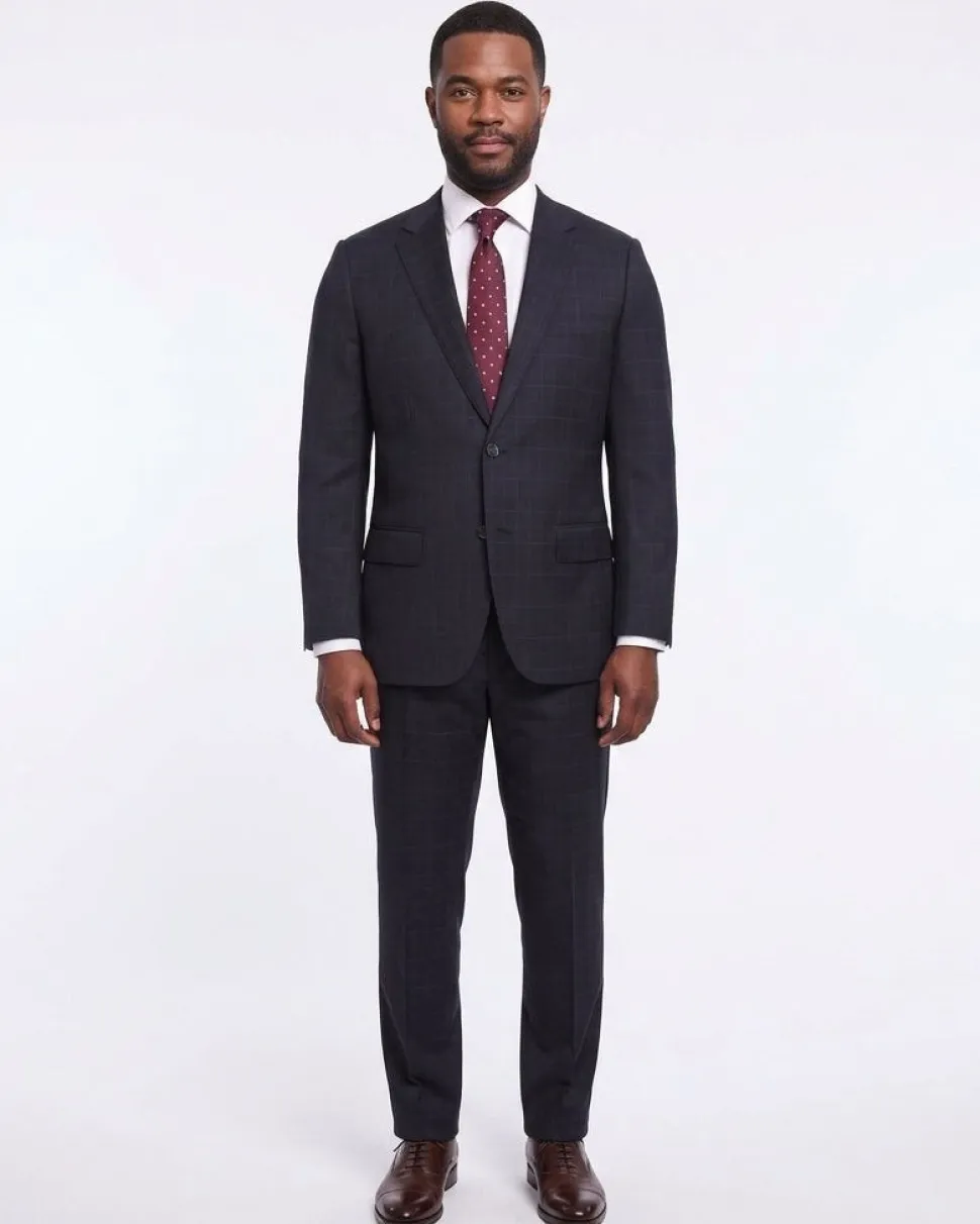 Napoli Classic Fit Navy Windowpane Plaid Half Canvassed Guabello Wool Suit