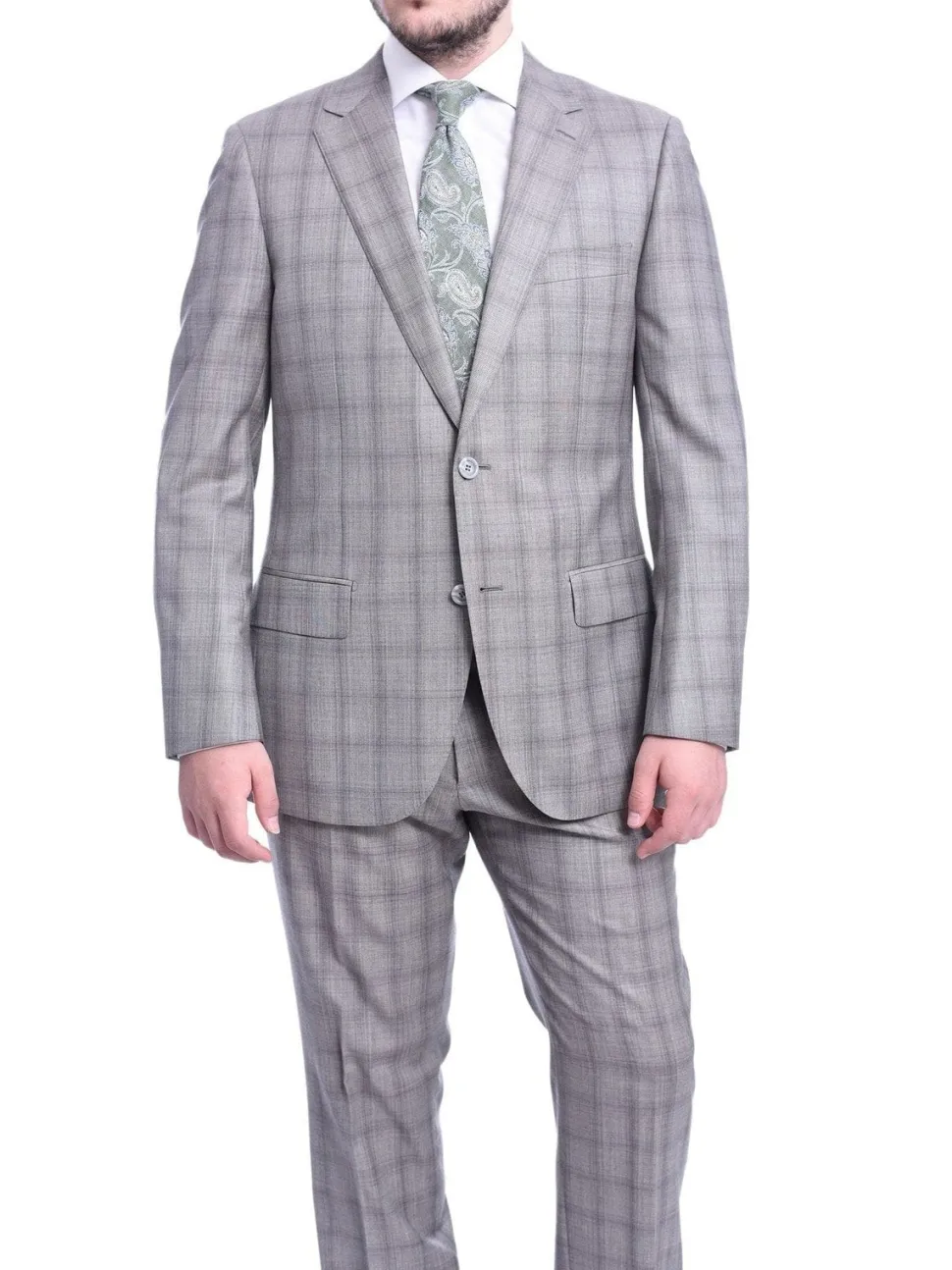 Napoli Classic Fit Taupe Plaid Half Canvassed Tallia Delfino Wool Suit