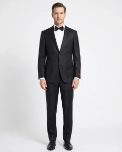 Napoli Mens Black Tonal Weave Notch Lapel Slim Fit 2-Button Wool Suit with Ticket Pocket - 44L