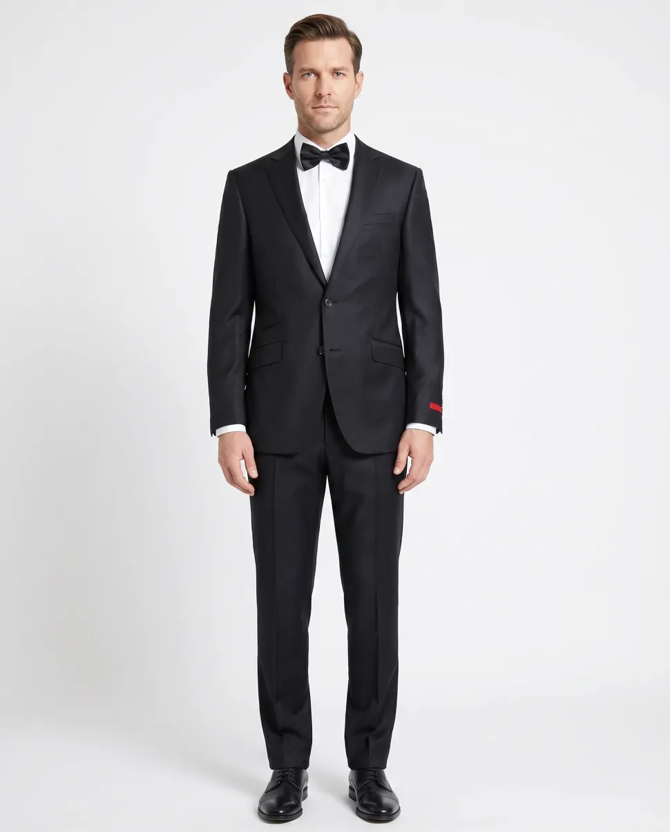 Napoli Mens Black Tonal Weave Notch Lapel Slim Fit 2-Button Wool Suit with Ticket Pocket - 44L