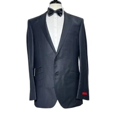 Napoli Mens Black Tonal Weave Notch Lapel Slim Fit 2-Button Wool Suit with Ticket Pocket - 44L