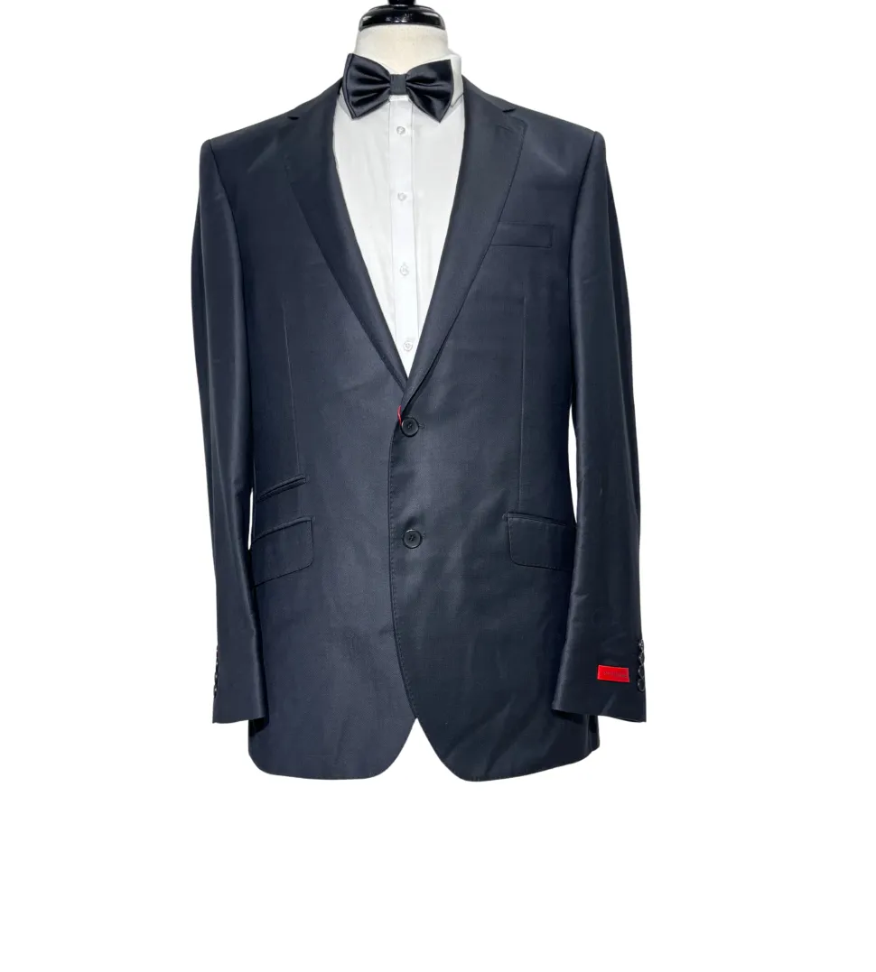 Napoli Mens Black Tonal Weave Notch Lapel Slim Fit 2-Button Wool Suit with Ticket Pocket - 44L