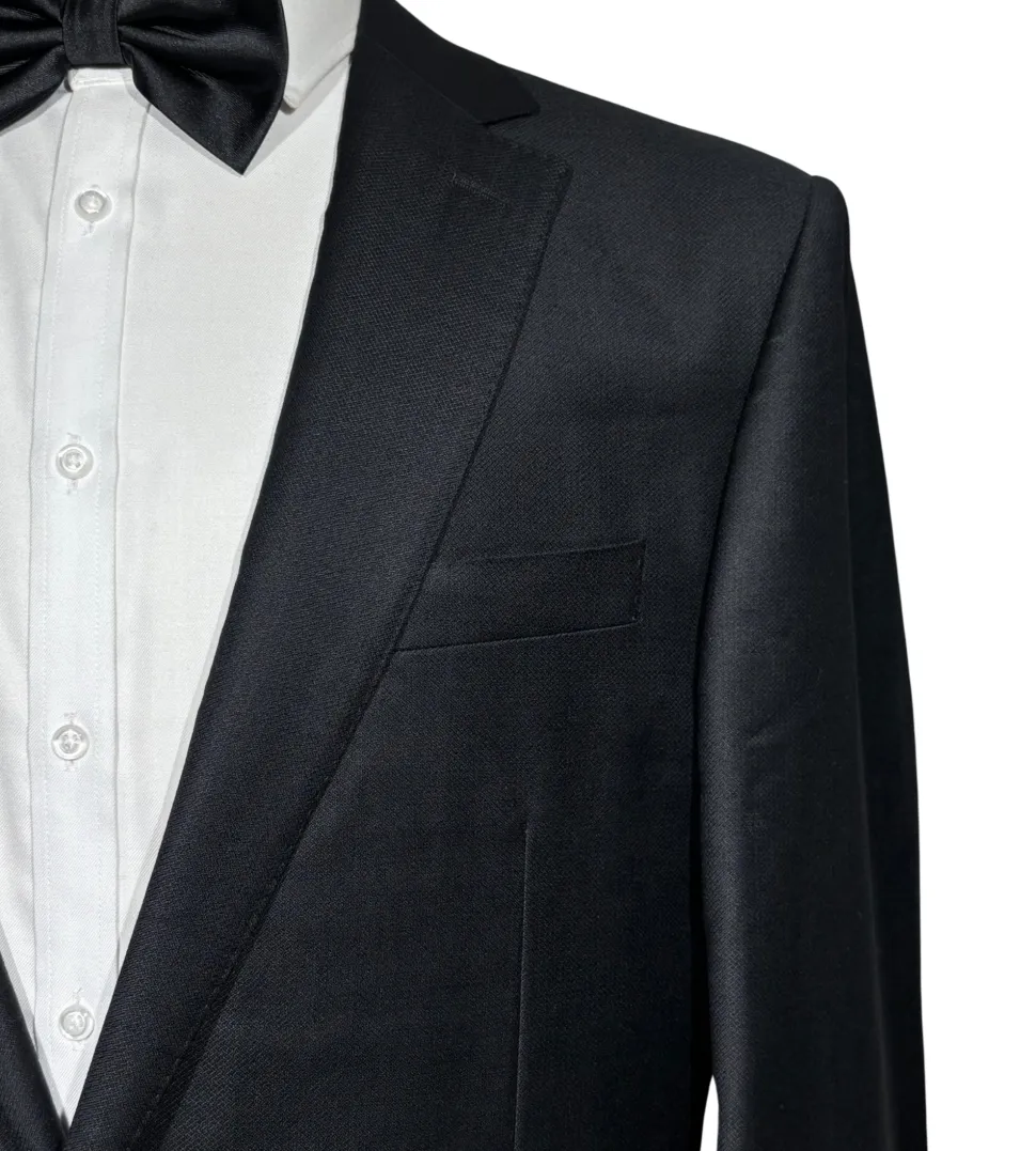 Napoli Mens Black Tonal Weave Notch Lapel Slim Fit 2-Button Wool Suit with Ticket Pocket - 44L