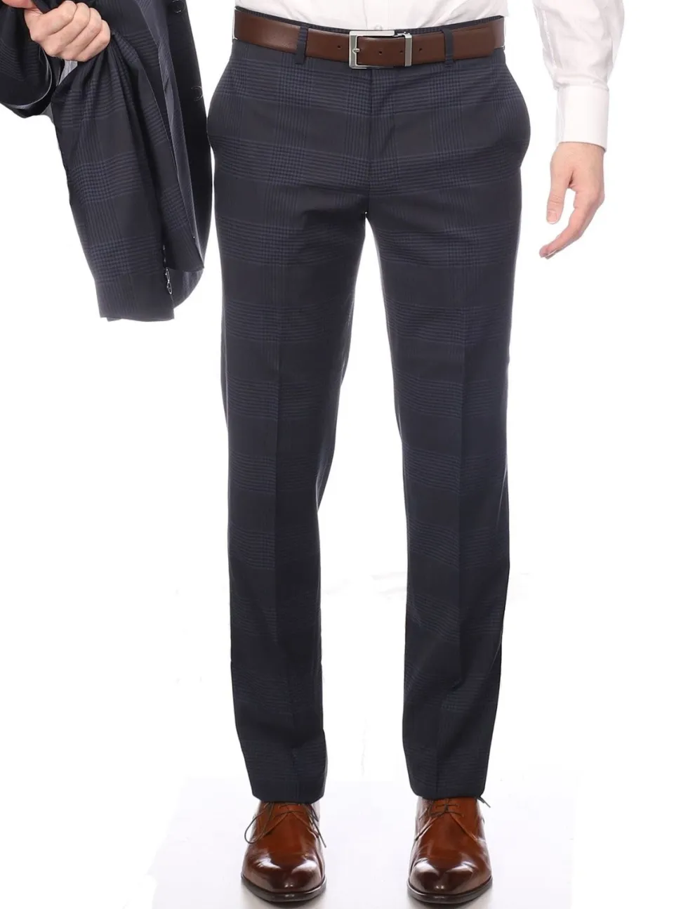 Napoli Mens Blue Plaid Half Canvassed Wool Slim Fit Suit With Peak Lapels
