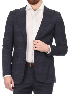 Napoli Mens Blue Plaid Half Canvassed Wool Slim Fit Suit With Peak Lapels