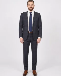 Napoli Mens Blue Plaid Half Canvassed Wool Slim Fit Suit With Peak Lapels