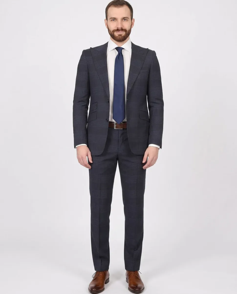 Napoli Mens Blue Plaid Half Canvassed Wool Slim Fit Suit With Peak Lapels